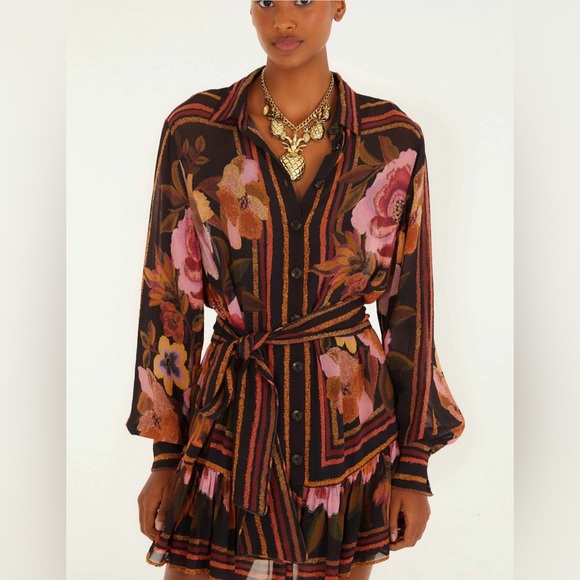 Farm Rio Black Chenille Flowers Belted Long Sleeve Mini Dress NWT Size Medium - Picture 3 of 5